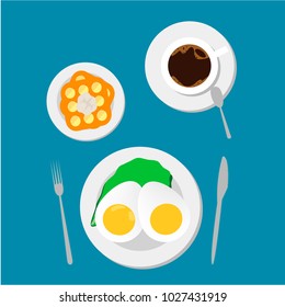 Sweet classic breakfast with waffles  and black coffee top view flat vector illustration