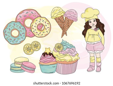 Sweet Clipart SWEET LIFE Color Vector Illustration Magic Fairyland Cartoon Sweets Party Holiday Mystery Happy Birthday Pink Yellow Cake Cupcake Ice Cream Scrapbooking Print Card Album Photo Babybook
