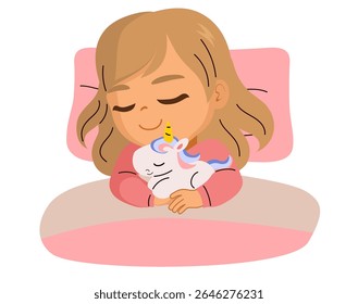 Sweet close-up vetor ilustração de desenho animado de uma menina que dorme pacificamente na cama, abraçando um brinquedo de pelúcia unicórnio bonito. Desenho para blogs de pais, embalagens de produtos para bebês ou conteúdo relacionado ao sono