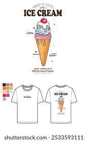 Sweet club. Ice cream bar hand drawn vector art, Cherry and strawberry ice cream. Fruit fresh ice cream graphic print design for t shirt, apparel, posters, background and others. Ice cream lovers.