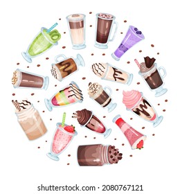 Sweet Cocktail and Milkshake as Drink of Blending Milk and Ice Cream with Flavoring Circle Arrangement Vector Template