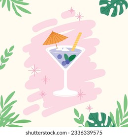 Sweet cocktail printcard. Exotic leaves and alcoholic party drink, festival or celebration background. Martini in glass with berries, vector graphic