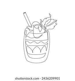 Sweet cocktail with strawberries, mint continuous one line drawing. Hand drawn dessert minimal design, café, confectionery concept. Vector illustration isolated on white background for restaurant menu