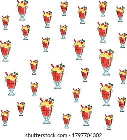 Sweet cocktail with whipped cream and red cherry on top. Delicious beverage in glass cup. Flat vector icon with texture