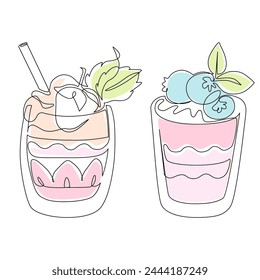 Sweet cocktails set with blueberries strawberries, mint continuous one line drawing. Hand drawn dessert minimal design, café, confectionery concept. Vector illustration for restaurant menu, logo, sign