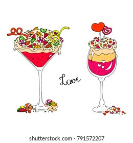 sweet cocktails, sprinkled with candies with hearts for Valentine's Day