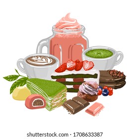 Sweet coffee with botanical art, matcha tea and milkshake surrounded by different desserts. Vector food
