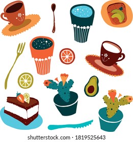 Brecha de café dulce con trozo de tarta, loncha de limón, sándwich de aguacate y cactus con una perspectiva inusual