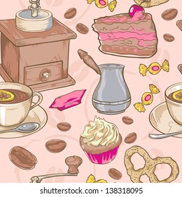 Sweet coffee and candies seamless pattern on beans background