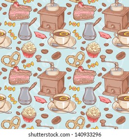 Sweet coffee and candies seamless pattern on beans background