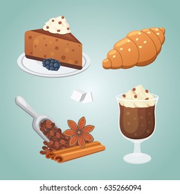 Sweet coffee deserts set. cake, croissant and cappuccino