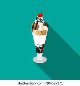 sweet coffee Ice cream Parfait with red cherry on top flat dessert icon. Delicious fruit, milk yogurt and granola parfaits