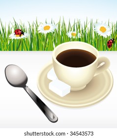 Sweet coffee with nice panorama. Vector illustration.