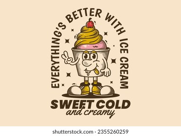 Dulce frío y cremoso, todo es mejor con helado. Ilustración del personaje de mascota de la cosecha de helados