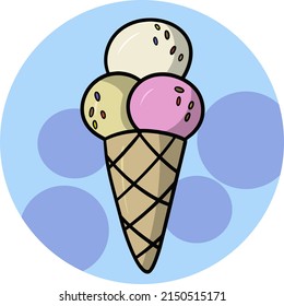 Sweet cold dessert, vanilla and fruit ice cream in a waffle cup, cone, cartoon vector illustration on a round blue background