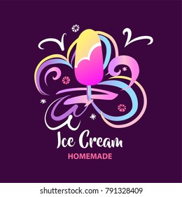 Sweet cold frozen dessert. Sketch vintage style poster. Template banner, brochure with homemade ice cream. Vector illustration. Design flyer for in menu cafe, parlor, store, shop, market.