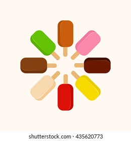 Sweet cold ice cream set and tasty frozen ice cream collection vector delicious. Set of cartoon colorful ice-cream desserts. Chocolate, milk and fruit icecream. Ice lolly