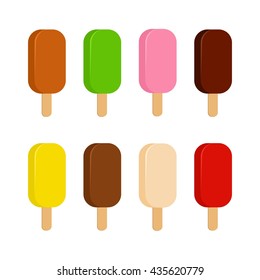 Sweet cold ice cream set and tasty frozen ice cream collection vector delicious. Set of cartoon colorful ice-cream desserts. Chocolate, milk and fruit icecream. Ice creams isolated on white. ice lolly