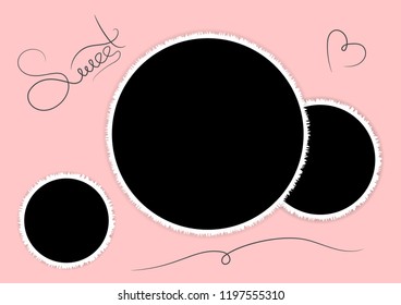 Sweet collage of round photo frames for lovers on Valentines Day. Vector illustration