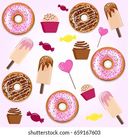 Sweet collection background of donuts, candy, chocolate and fruit ice cream. desert icons. Cute sweet pink color pattern.  Illustration of yummy deserts. Beautiful design elements.