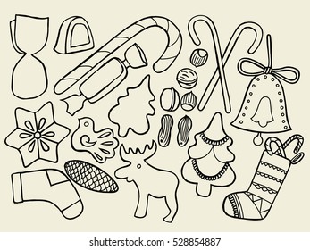 Sweet collection of drawings. Illustrations of cakes, pies, biscuits, ice cream, cookies, sweets and other confectionery products. Hand drawn sketch in vintage style.