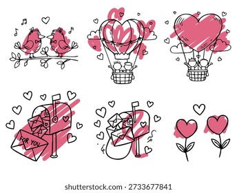 doce coleção de elementos desenhados à mão com sotaques cor-de-rosa para celebração romântica