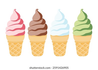 A sweet collection of ice cream cones featuring strawberry, chocolate, vanilla, and matcha flavors, perfect for summer dessert promotions.