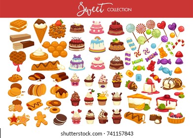 Sweet collection of tasty decorated desserts and candies