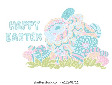Sweet color cute bunny with easter eggs and zendoodle texts HAPPY EASTER. Stock Vector