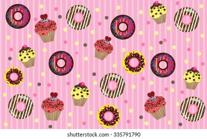Sweet color donuts and muffin cupcakes background