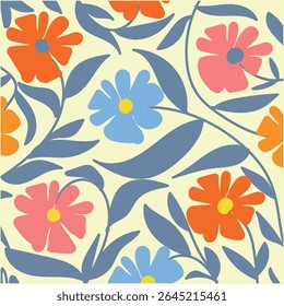 Padrão de botânica de flores de cor doce, ilustração floral colorida com flores estilizadas e folhas em um fundo de creme.