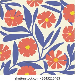Padrão de botânica de flores de cor doce, ilustração floral colorida com flores estilizadas e folhas em um fundo de creme.