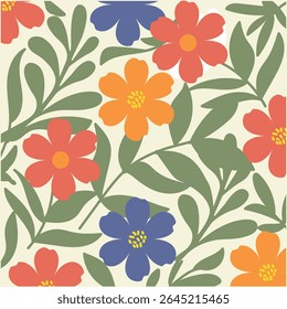 Padrão de botânica de flores de cor doce, ilustração floral colorida com flores estilizadas e folhas em um fundo de creme.