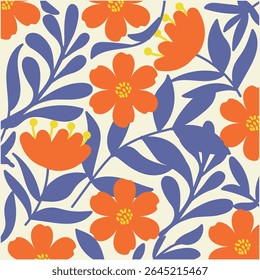 Padrão de botânica de flores de cor doce, ilustração floral colorida com flores estilizadas e folhas em um fundo de creme.