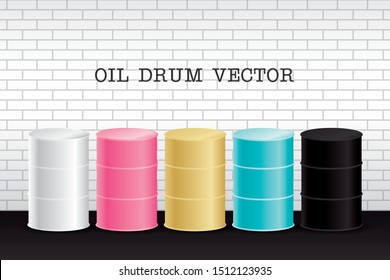 sweet color oil drums with white brick wall background vector.
