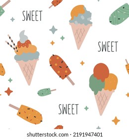 Patrón de color dulce con diferentes helados. Patrones cortos de verano con jugosos símbolos de verano. Ideal para la decoración, textiles, cubiertas, estuches y más