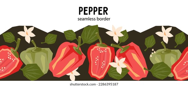 Pimientos a color dulce con hojas y flores en un fondo repetible y sin fisuras para los paquetes de alimentos y las impresiones textiles de cocina. Vector de borde sin soldadura de pimienta o pimentón aislado en blanco.