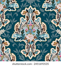 Sweet colored flowers, vintage Baroque style pattern combined with Louis pattern. on a dark background Seamless for digital printing, textiles, wallpapers.