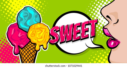 Sweet colored poster comic text speech bubble design. Summer kitsch dessert party advertise. Profile face beautiful woman pop art style. Wow shocked face vintage girl ice cream cone.