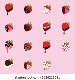 A sweet and colorful collection of hand-drawn chocolate-covered strawberries. Includes dipped berries with white, dark, and pink chocolate—perfect for Valentine’s Day, dessert designs, holiday treats,