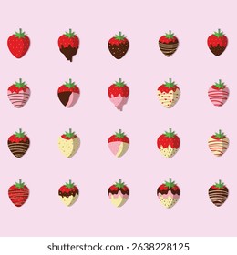 A sweet and colorful collection of hand-drawn chocolate-covered strawberries. Includes dipped berries with white, dark, and pink chocolate—perfect for Valentine’s Day, dessert designs, holiday treats,