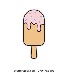 Dulce y colorida Ilustración vectorial de diseño plano de una paleta de helado o barra de helado sumergida en glaseado rosa y cubierta con chispas multicolores, que simboliza el verano, golosinas y refrescos fríos.
