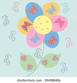sweet colorful flowers with butterflies and ladybirds vector illustration
