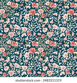 Sweet colorful flowers, hand drawn, vintage style, seamless pattern. On dark background designed for fabric, fashion, textile, wallpaper, gift wrap.