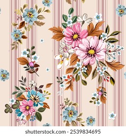 Sweet colorful flowers, pink, blue, hand drawn, seamless, on a romantic dark-light pink striped background. Designed for fabric, fashion, textiles, wallpaper, gift wrap.