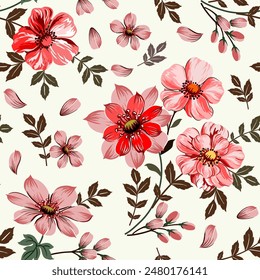 Sweet colorful flowers, red, pink, hand drawn, seamless, on a romantic light background. Designed for fabric, fashion, textiles, wallpaper, gift wrap.