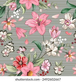 Sweet colorful flowers, red, pink, white, hand drawn, seamless, on a gray striped background. Designed for fabric, fashion, textiles, wallpaper, gift wrap.