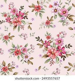 Sweet colorful flowers, red, pink, hand drawn, seamless, on a romantic light background. Designed for fabric, fashion, textiles, wallpaper, gift wrap.