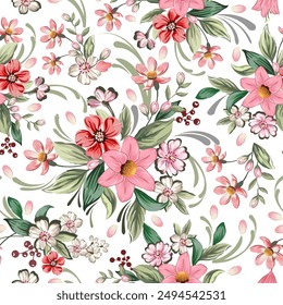 Sweet colorful flowers, red, pink, white, hand drawn, seamless, on a romantic background. Designed for fabric, fashion, textiles, wallpaper, gift wrap.