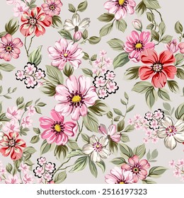 Sweet colorful flowers, red, pink, white, hand drawn, seamless, on a romantic light patterned background. Designed for fabric, fashion, textiles, wallpaper, gift wrap.